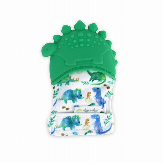 Itzy Ritzy Green Dinosaur teething mitt for baby with silicone top and textured dino print glove on white background. Little Gift Nook