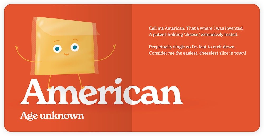 Little Book of Cheese Board Book. Inside page of book American cheese with cute little face and description of origin and what it's like. - Little Gift Nook