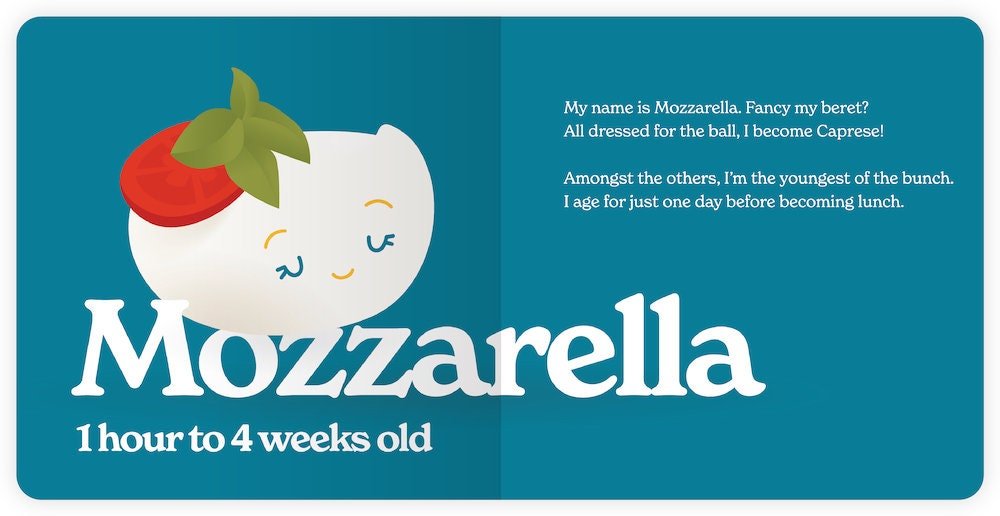 Little Book of Cheese Board Book. Inside book Mozzarella cheese with cute little face. Origin and description. - Little Gift Nook