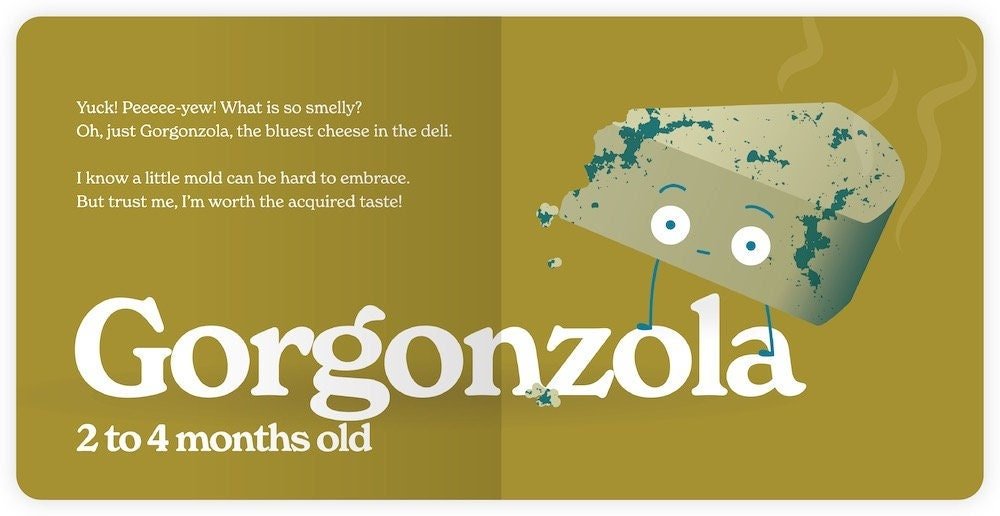 Little Book of Cheese Board Book. Inside book Gorgonzola, origin, and description. - Little Gift Nook