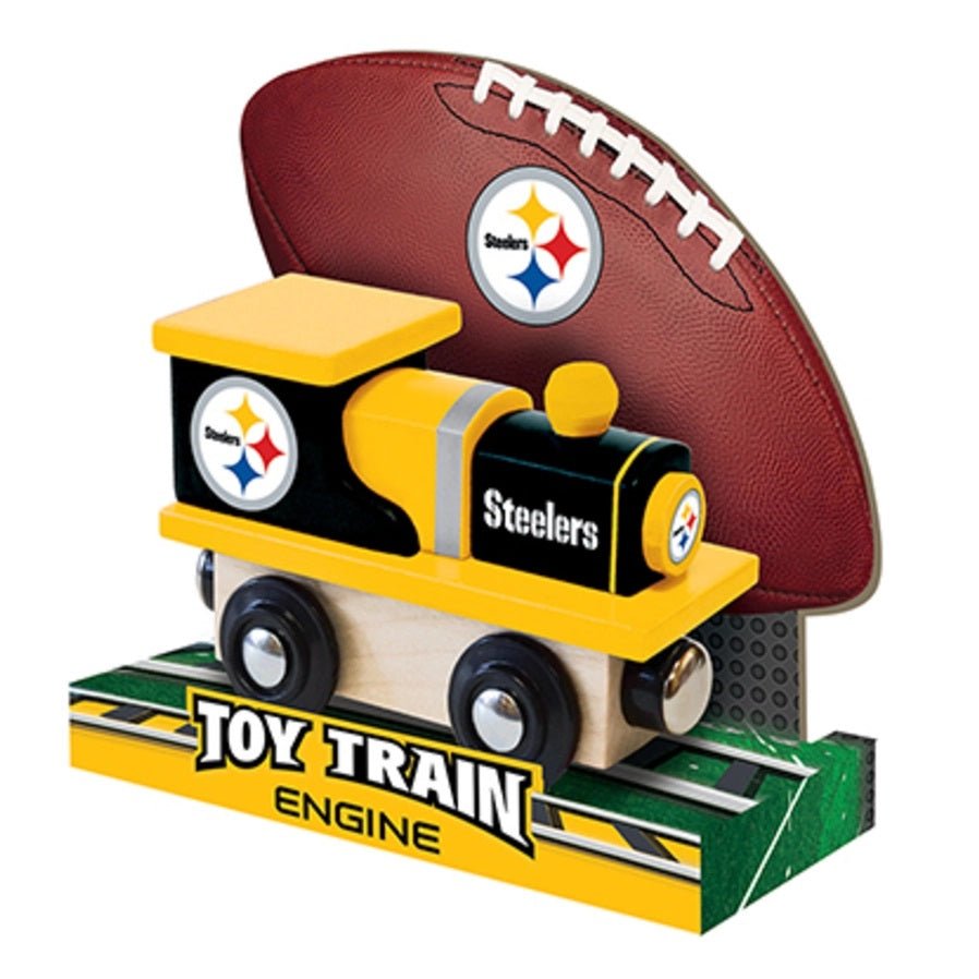 Pittsburgh Steelers NFL Wood Train Engine with logo in package on white background.