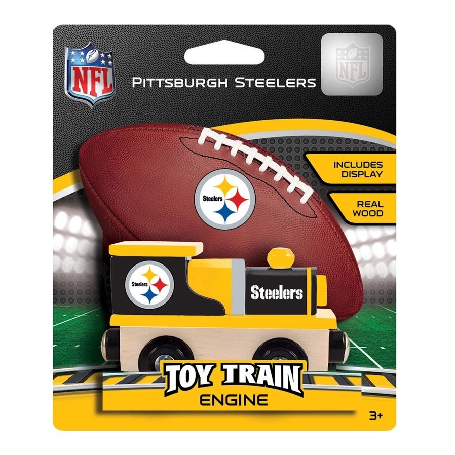 Pittsburgh Steelers NFL Wood Train Engine in package.  Yellow and Black train with logo. - Little Gift Nook
