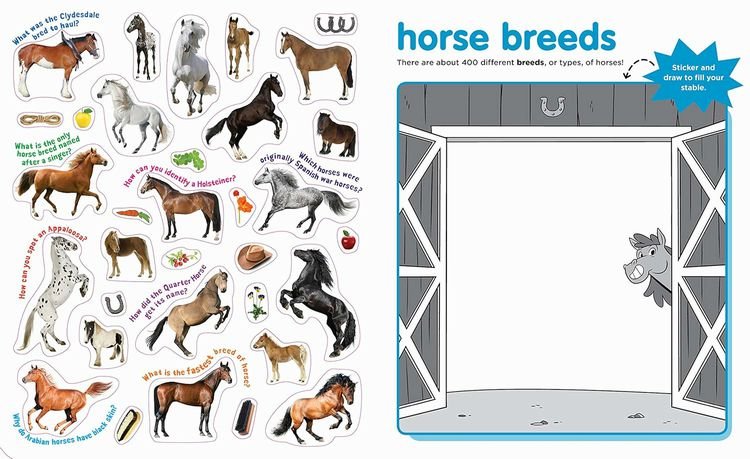 Peel & Discover Horses Sticker Activity Book inside pages with horse stickers and breeds.