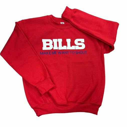 Bills Make me Want to Shout Youth Crewneck Sweatshirt. Has white BILLS on front and blue make me want to shout under it. - Little Gift Nook
