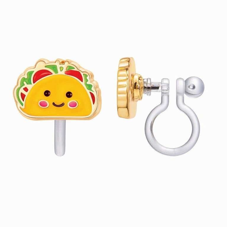 Cute taco face clip on earrings for kids sitting on white background. Little Gift Nook