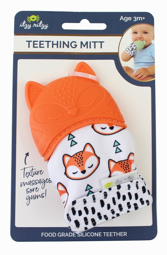 Itzy Ritzy Teething Mitt Orange Fox in package. Ages 3 m and up. - Little Gift Nook