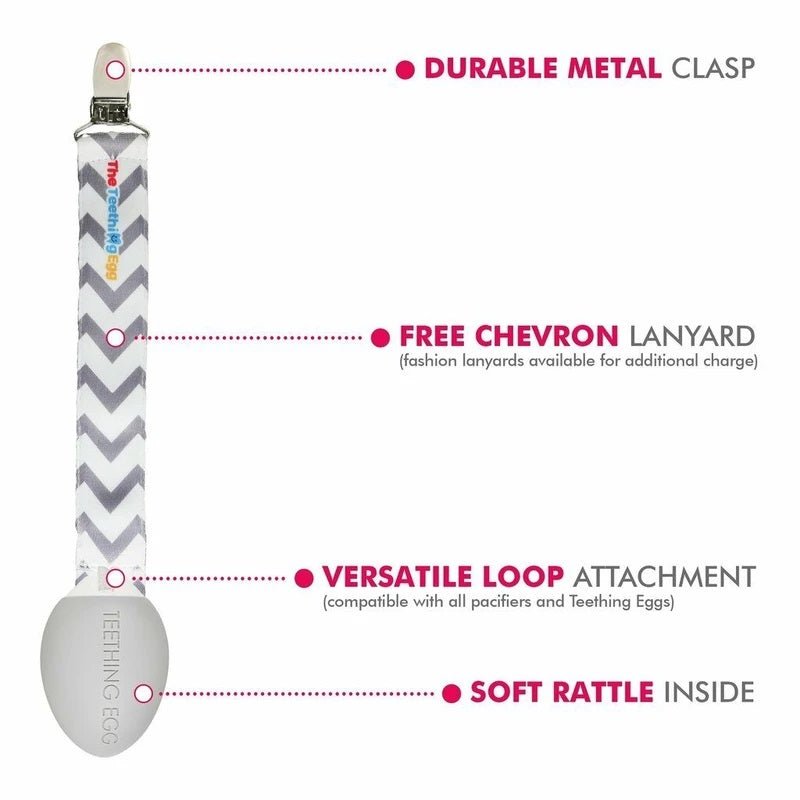 The Teething Egg Baby Teether in Gray with features listed. Made in USA.- Little Gift Nook