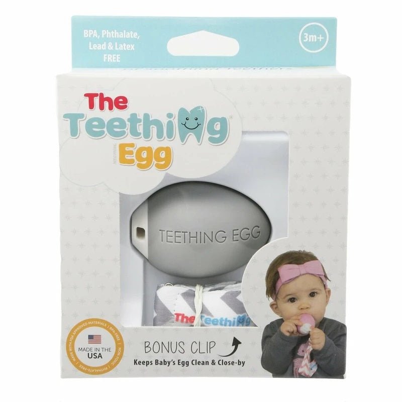The Teething Egg Baby Teether in Gray in box. Comes with strap. Made in USA. - Little Gift Nook