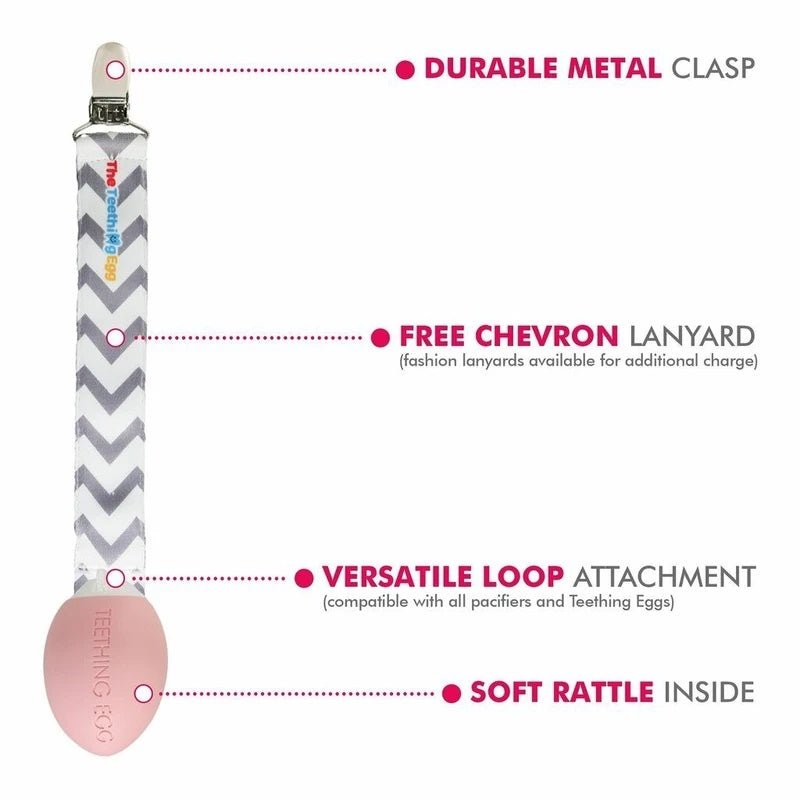 The Teething Egg Baby Teether in Pink with details and features. Made in USA- Little Gift Nook