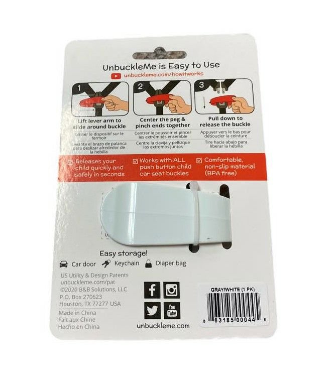 Unbuckle Me Car Seat Buckle Release Gray back of package that has instructions on how to use.- Little Gift Nook