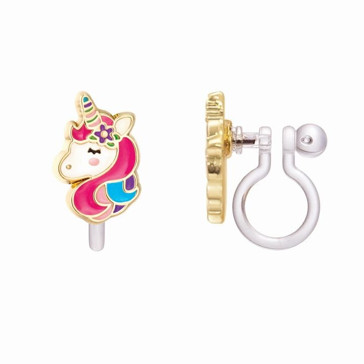Unicorn-shaped earring with gold, pink, and blue colors with a silicone hoop clip on style back sitting on a white background. Little Gift Nook