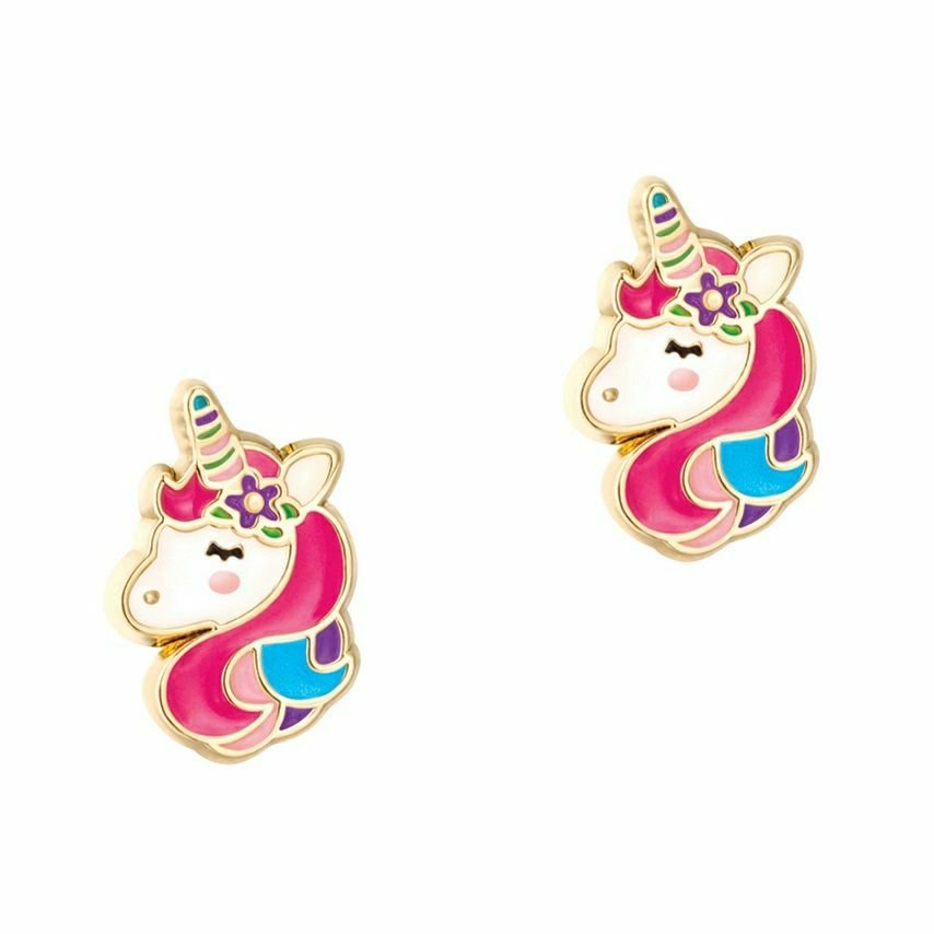 unicorn stud earrings with gold, pink, and blue on white background. Little Gift Nook