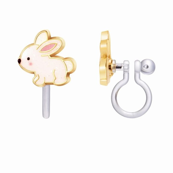white glitter rabbit clip on earrings laying on a white background.