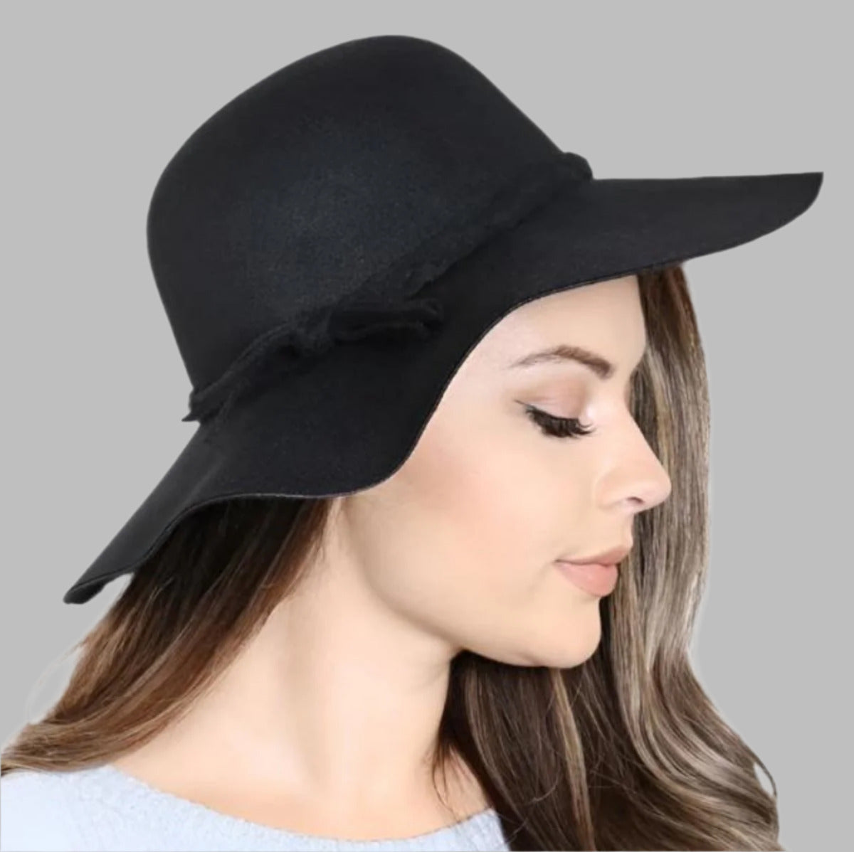 Women's Braided Brim Summer Sun Hat in Black. Sun Hat on model side view. - Little Gift Nook