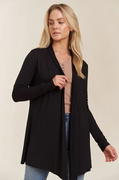 Black Long-Sleeved Women's Open Cardigan. Close up view. - Little Gift Nook