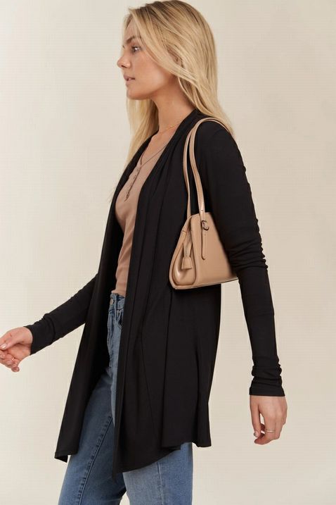 Black Long-Sleeved Women's Open Cardigan. Side view.- Little Gift Nook