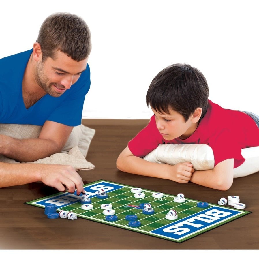 dad and son playing Buffalo Bills checkers game.