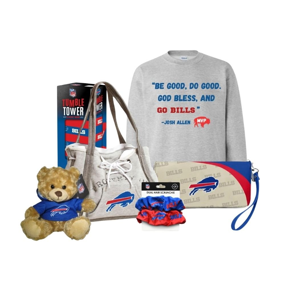 Buffalo football mvp quote sweatshirt, block tower game, wallet, bear, purse, and hair ties.