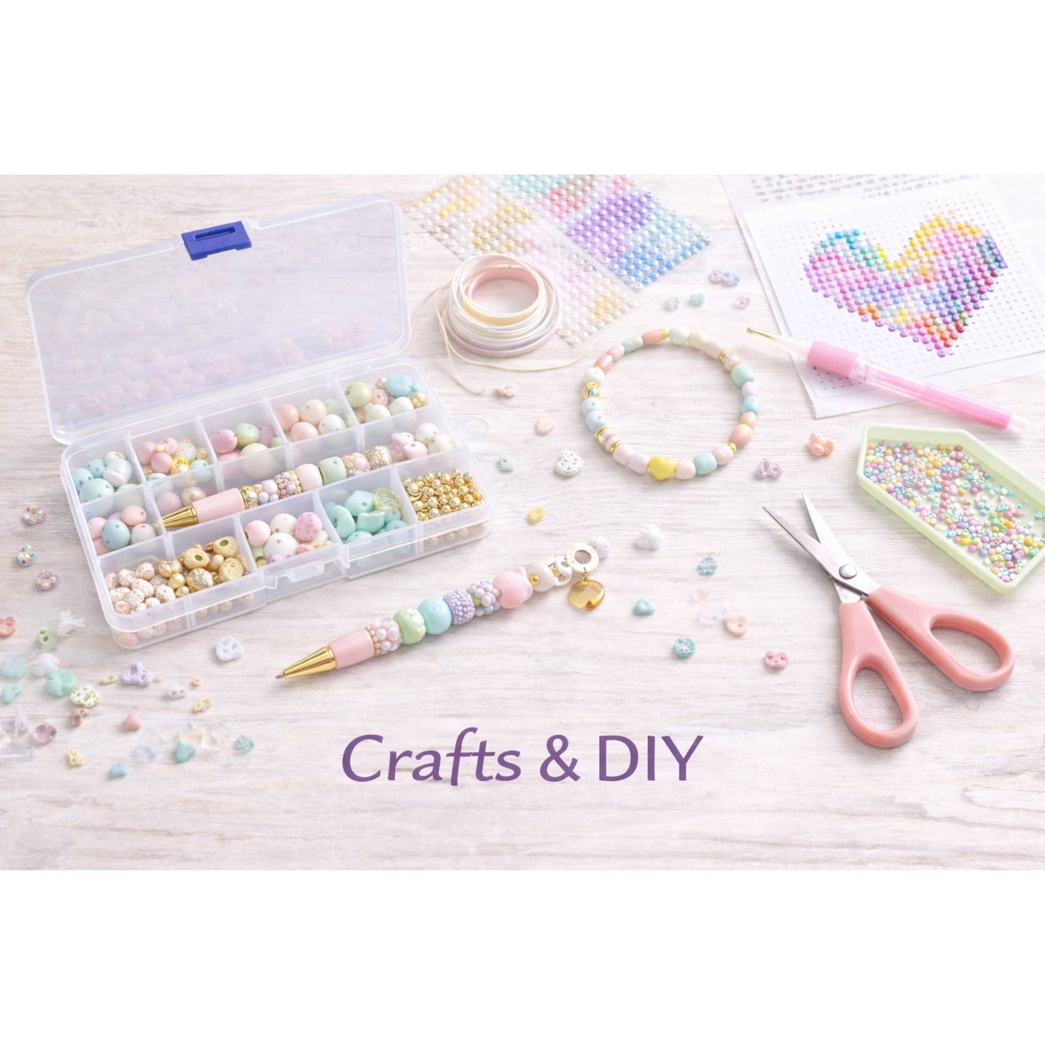 beads beadable pen, storage container, scissors, and bracelets.