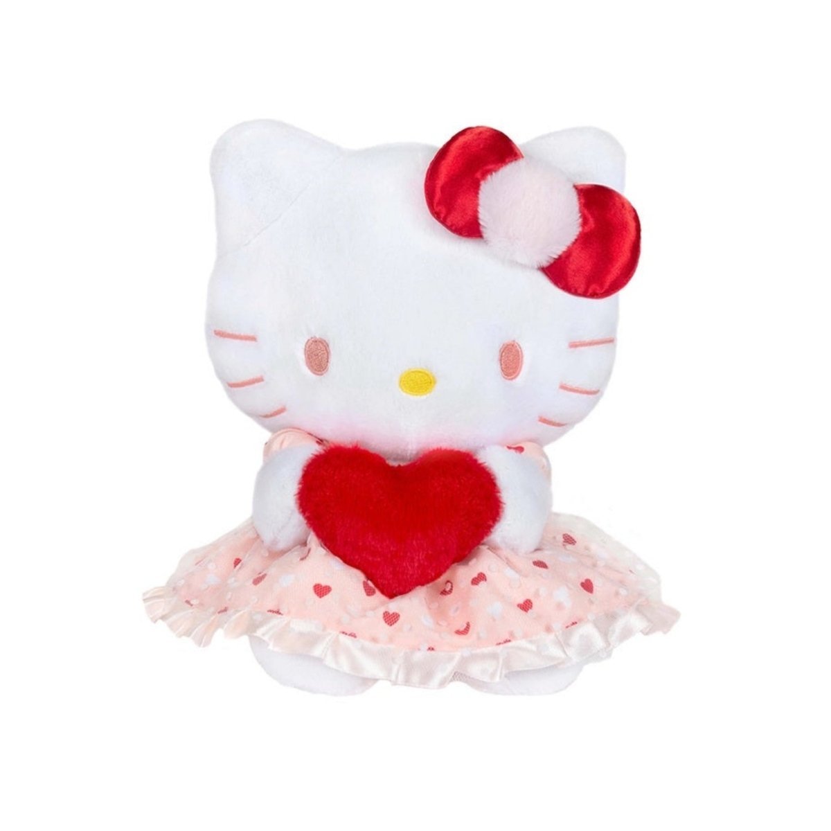 plush hello kitty in a pink heart dress holding a red heart on a white background.