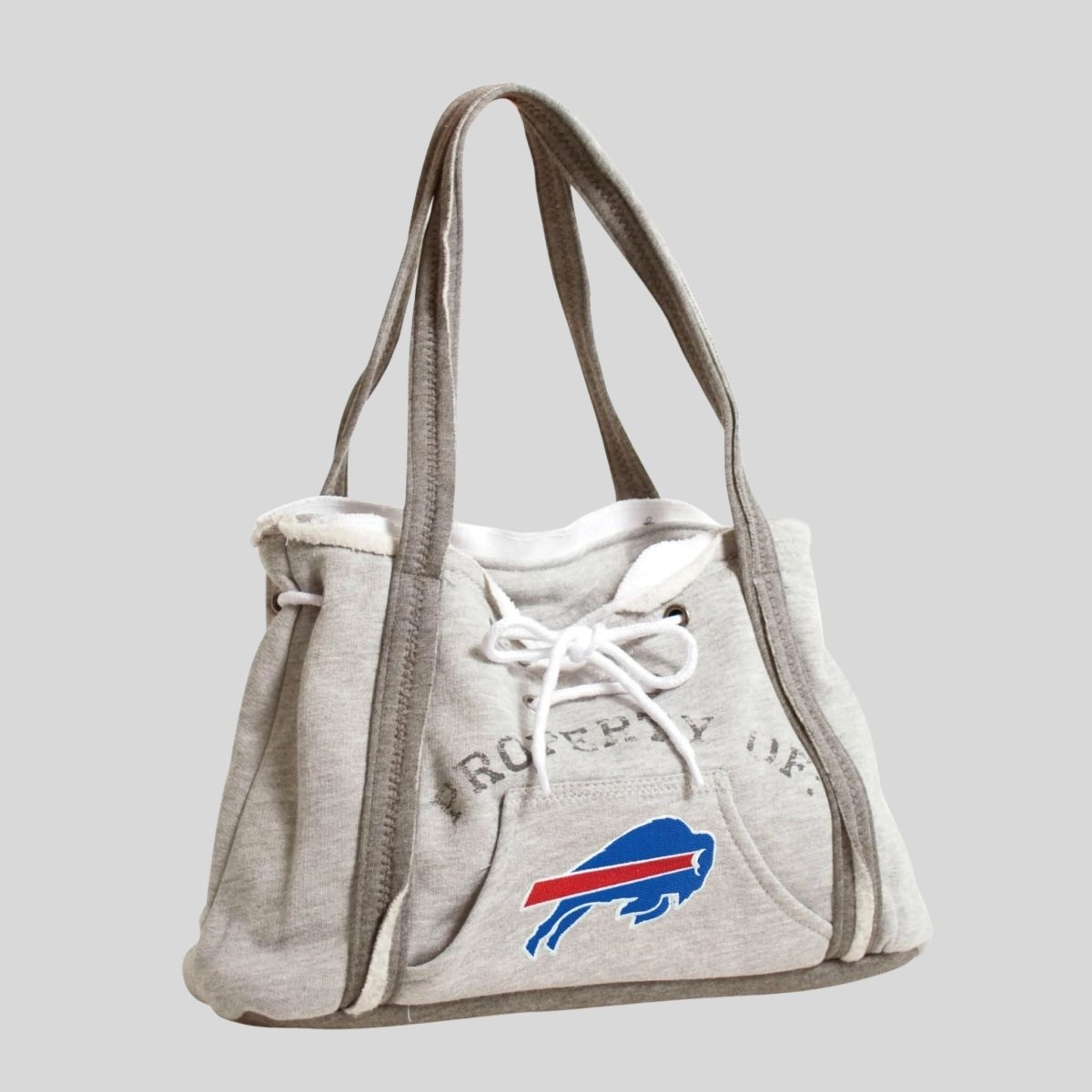 Gray hoodie style cotton purse with Buffalo Bills logo on front on a gray background.