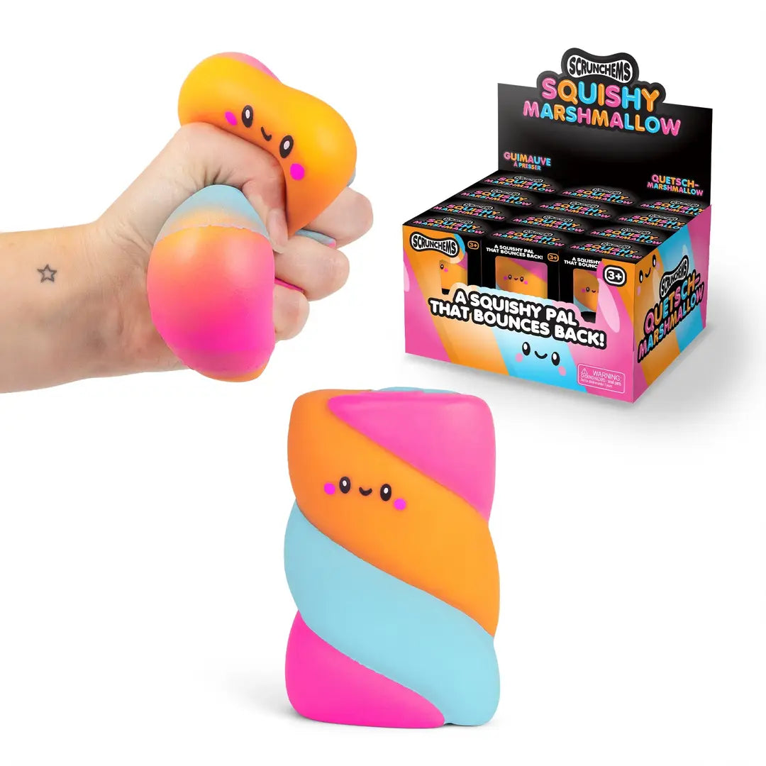 Srunchems colorful orange blue and pink striped squishy marshmallow like sensory fidget squeezy toy standing upright, being squished by hand, and in package/box on a white background.