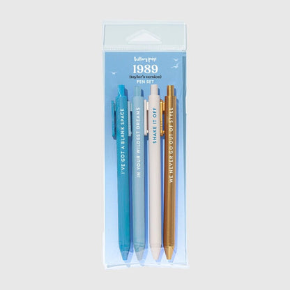 1989 4 pack pen set in blue, white, and gold with black ink in a package on light gray background. 