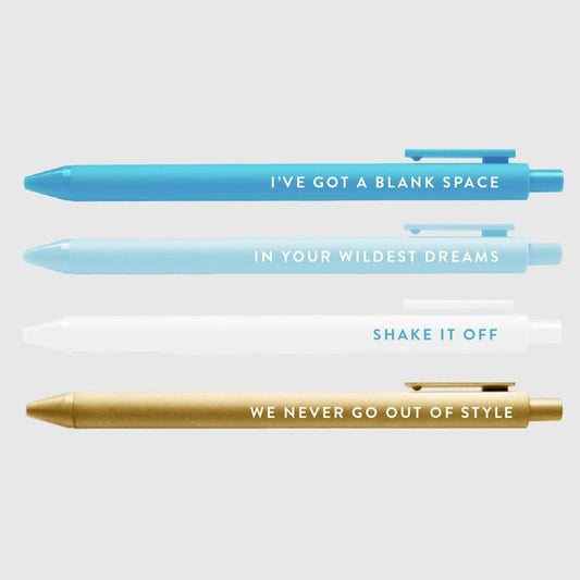 1989 Swiftie Pen Set of 4 black ink gel pens with  blank space, wildest dreams, shake it off, and we never go out of style lyrics song titles on each pen - Little Gift Nook