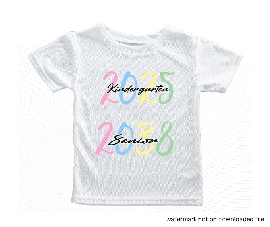 white tshirt with 2025 2038 pastel numbers and black text Kindergarten Senior on front on white background.