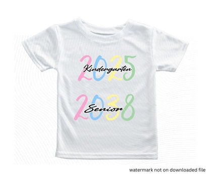 white tshirt with 2025 2038 pastel numbers and black text Kindergarten Senior on front on white background.