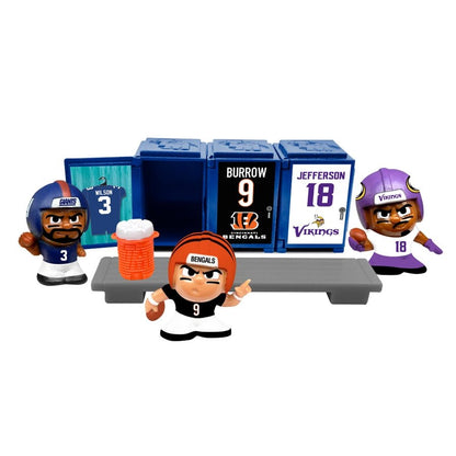 2026 NFL Lockers TeenyMates collectible figures, lockers, bench, and water bottle on a white background.