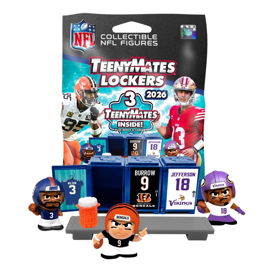 2026 NFL TeenyMates Mystery Blind Bag Lockers set with players, bench, water bottle on a white background. Little Gift Nook