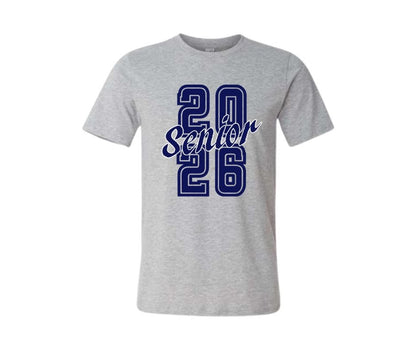 Gray t-shirt with navy lettering 2026 Senior sitting on a white background.