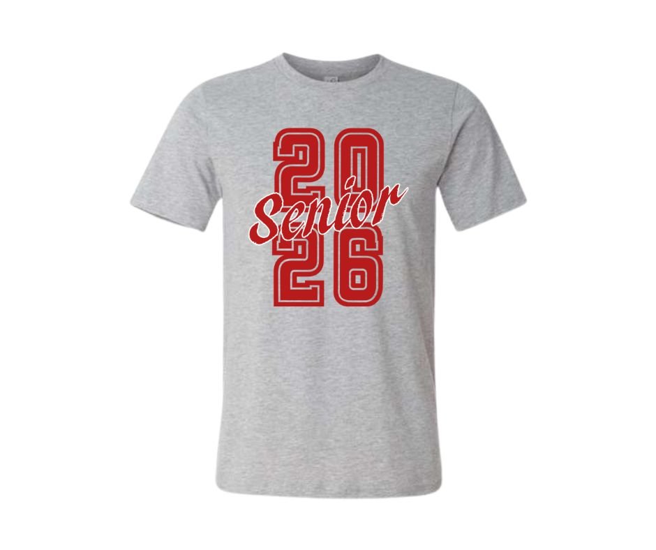 Gray t-shirt with red 2026 Senior in red lettering on front on a white background. 