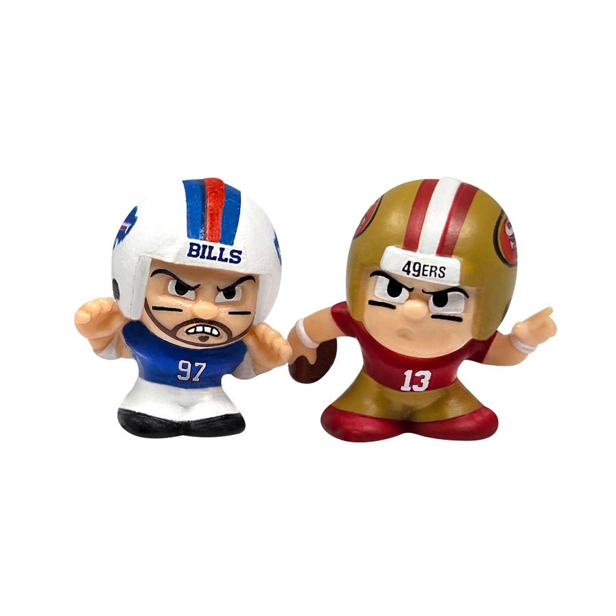 2026 NFL TeenyMates collectible Bills and 49ers figures on a white background.