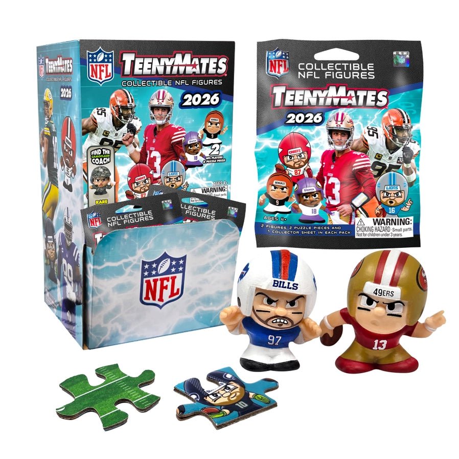 2026 NFL Teenymates collectible mystery bags, bills and 49ers figures and 2 puzzles pieces on a white background. Little Gift Nook