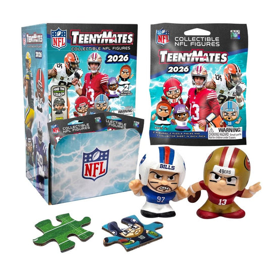 2026 NFL Teenymates collectible mystery bags, bills and 49ers figures and 2 puzzles pieces on a white background. Little Gift Nook
