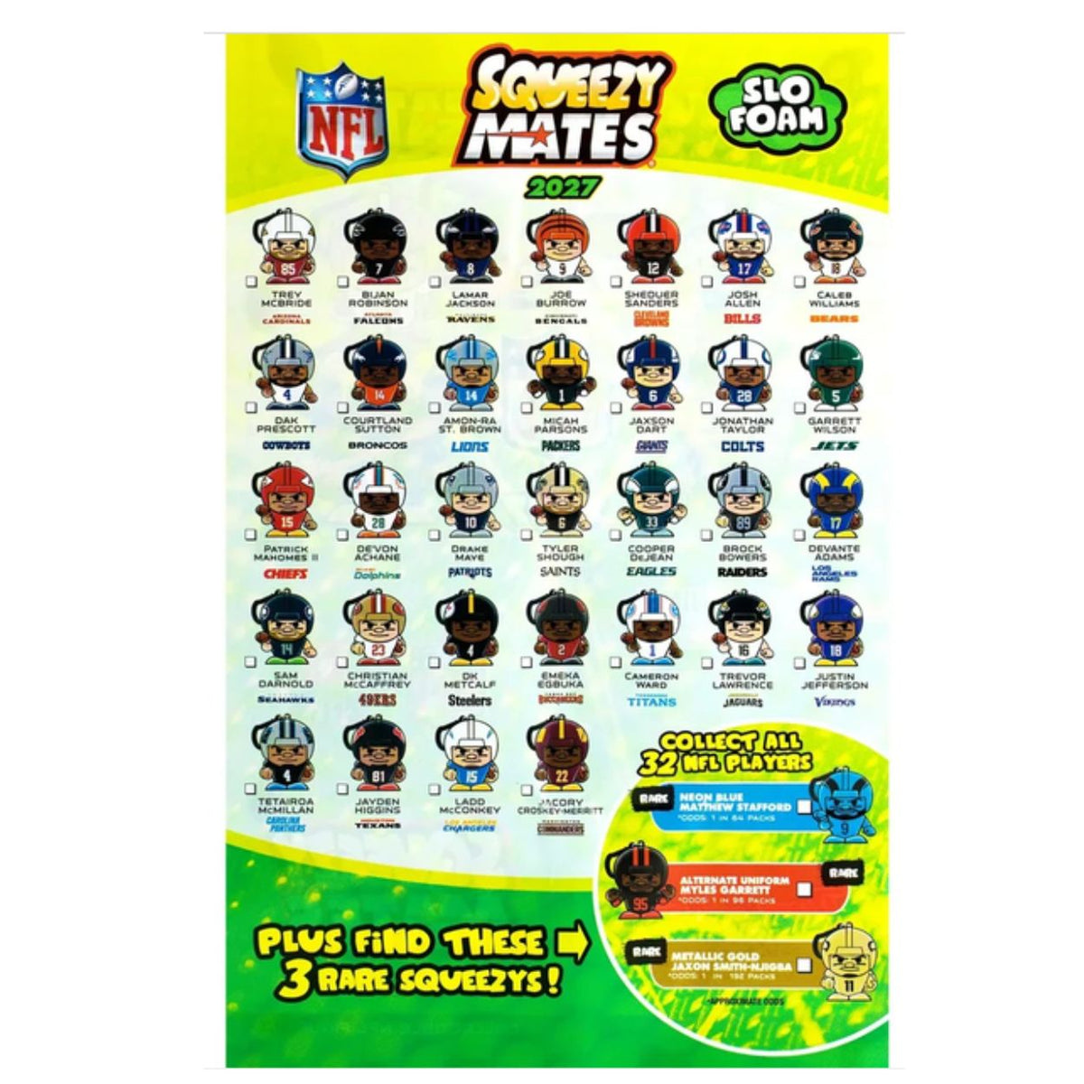 An NFL 'Squeezy Mates' 2027 SLO Foam collectible foam board featuring 32 mini player figures and rare squeezey inserts, branded with the NFL shield logo.