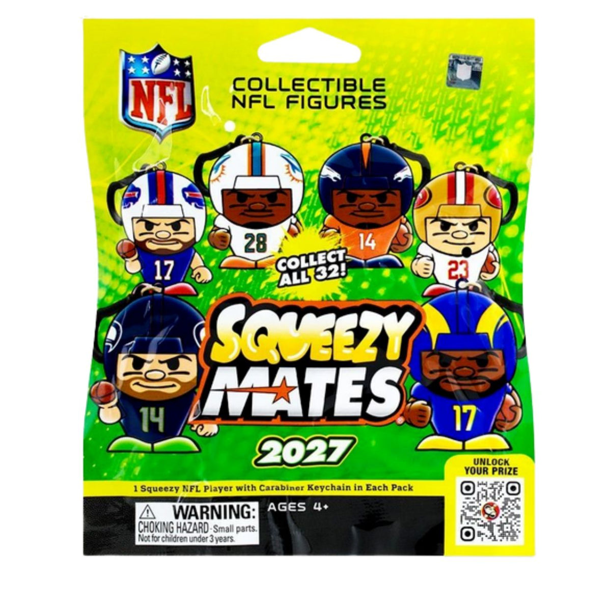 NFL Squezy Mates 2027 collectible NFL figures blind bag packaging, featuring cartoon player illustrations and NFL branding on a bright yellow and green background.