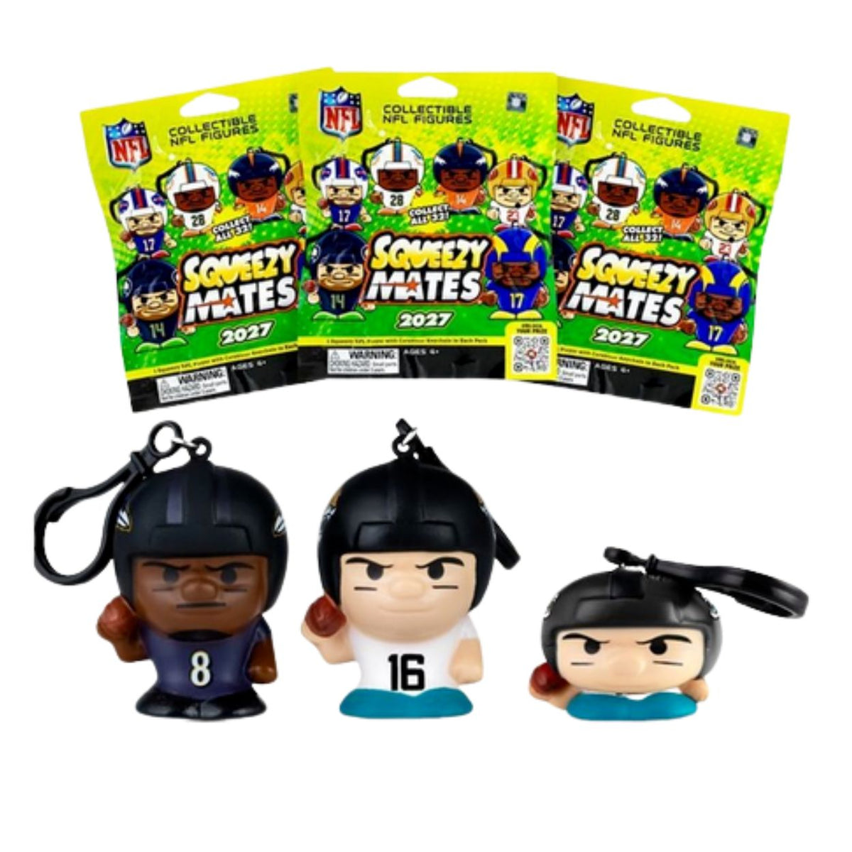 Three NFL Squezy Mates 2027 collectible mini-figures displayed in front of their bright green packaging, with two additional figures shown below.