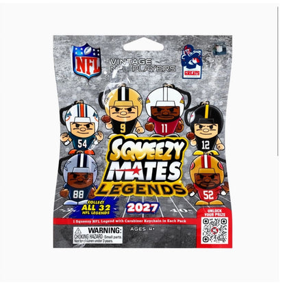 NFL Squeezy Nates Legends 2027 collectible keychain blind pack. The packaging features cartoon-style illustrations of various NFL football players, with the 'NFL' logo at the top and a 'WARNING' label at the bottom left.