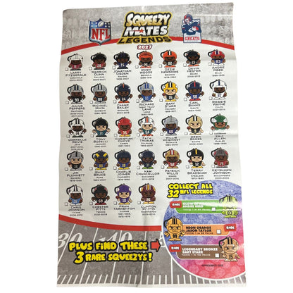 NFL 2027 Squeezies 'Legends' collectible sticker chart featuring 32 NFL team characters and rare squeezezies, with NFL and Squeezies branding at the top.
