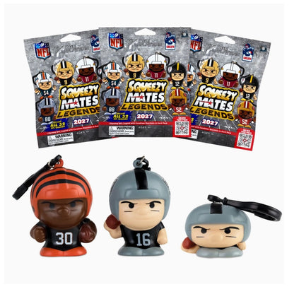 Three 2027 NFL Squeezy Mates Legends football-themed mini keychains displayed in front of three retail blind bags. The keychains include a Cincinnati Bengals player in an orange helmet, a Cleveland Browns player in a gray helmet, and a Miami Dolphins player in a gray helmet.