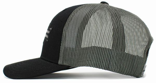 Fish USA Flag Mesh Mens Back Ballcap Hat. Black and gray mesh sides baseball hat for men. Adjust - Little Gift Nookble in back. Embroidered USA Flag fish on front. Little Gift Nook.