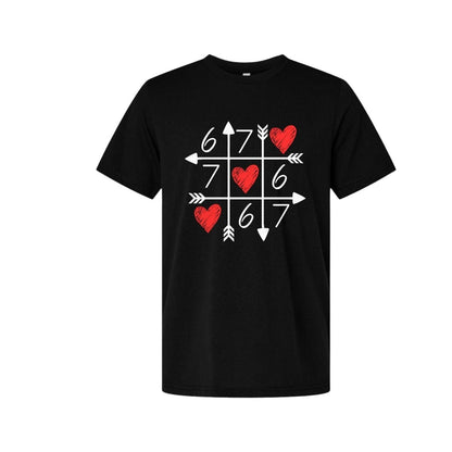 Black tshirt with xo board in arrows and 6 and 7 throughout with 3 red hearts in a diagonal line on a white background. Little Gift Nook