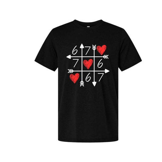 Black tshirt with xo board in arrows and 6 and 7 throughout with 3 red hearts in a diagonal line on a white background. Little Gift Nook