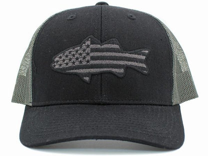 Fish USA Flag Mesh Mens Back Ballcap. Black gray baseball hat with mesh sides. Embroidered USA Flag fish on front in black and gray. Adjustable in back.  Hat - Little Gift Nook