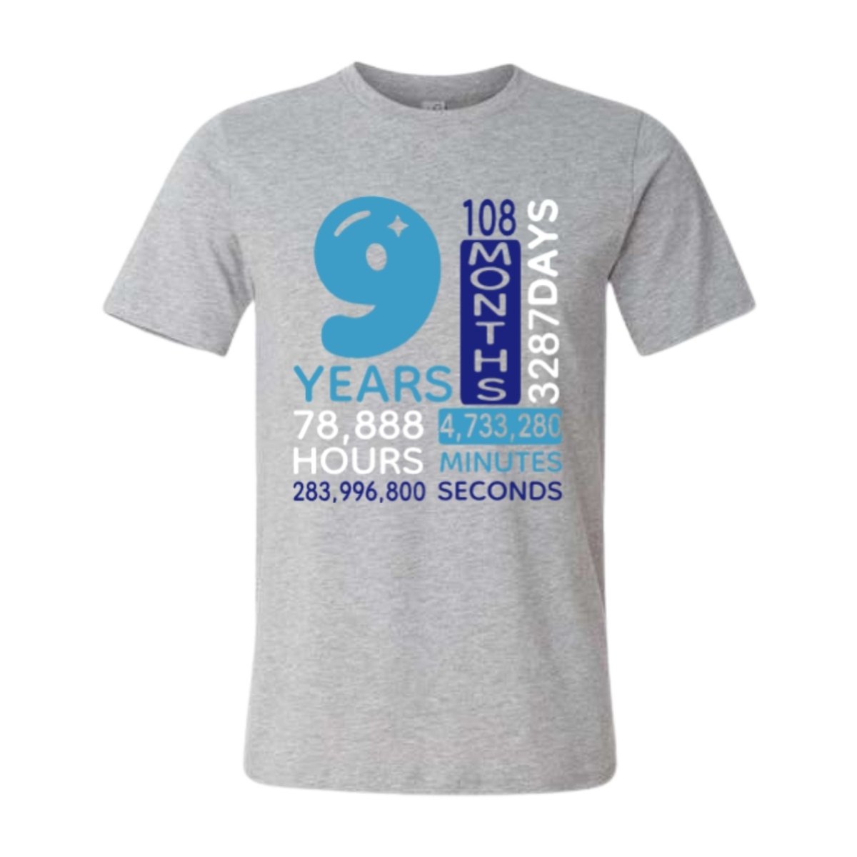 Gray t-shirt with blue and white text counting days, hours, minutes, and seconds of being 9 years awesome laying on a white background.