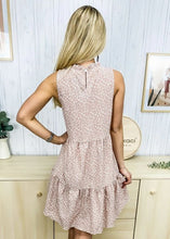 Load image into Gallery viewer, woman&#39;s pink sleeveless tier sundress with white floral print. Back view.