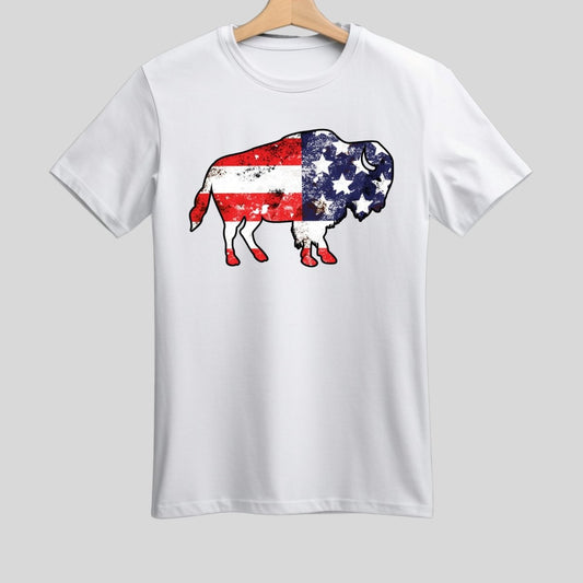 White adult unisex tshirt with Buffalo American Flag Graphic on front - Little Gift Nook